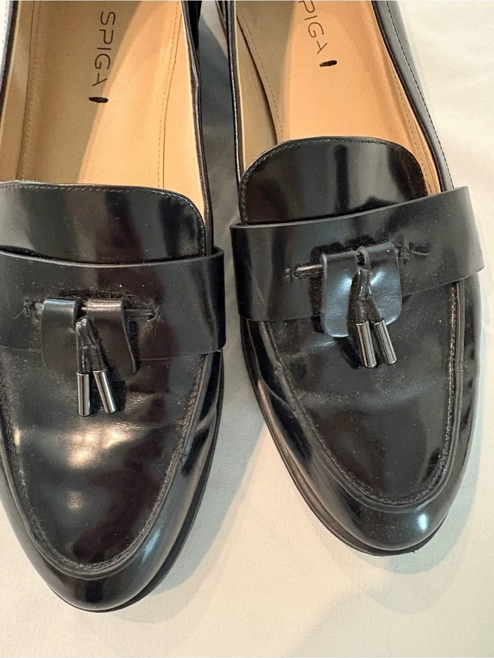 Via Spiga Black Patent Tassel Loafers